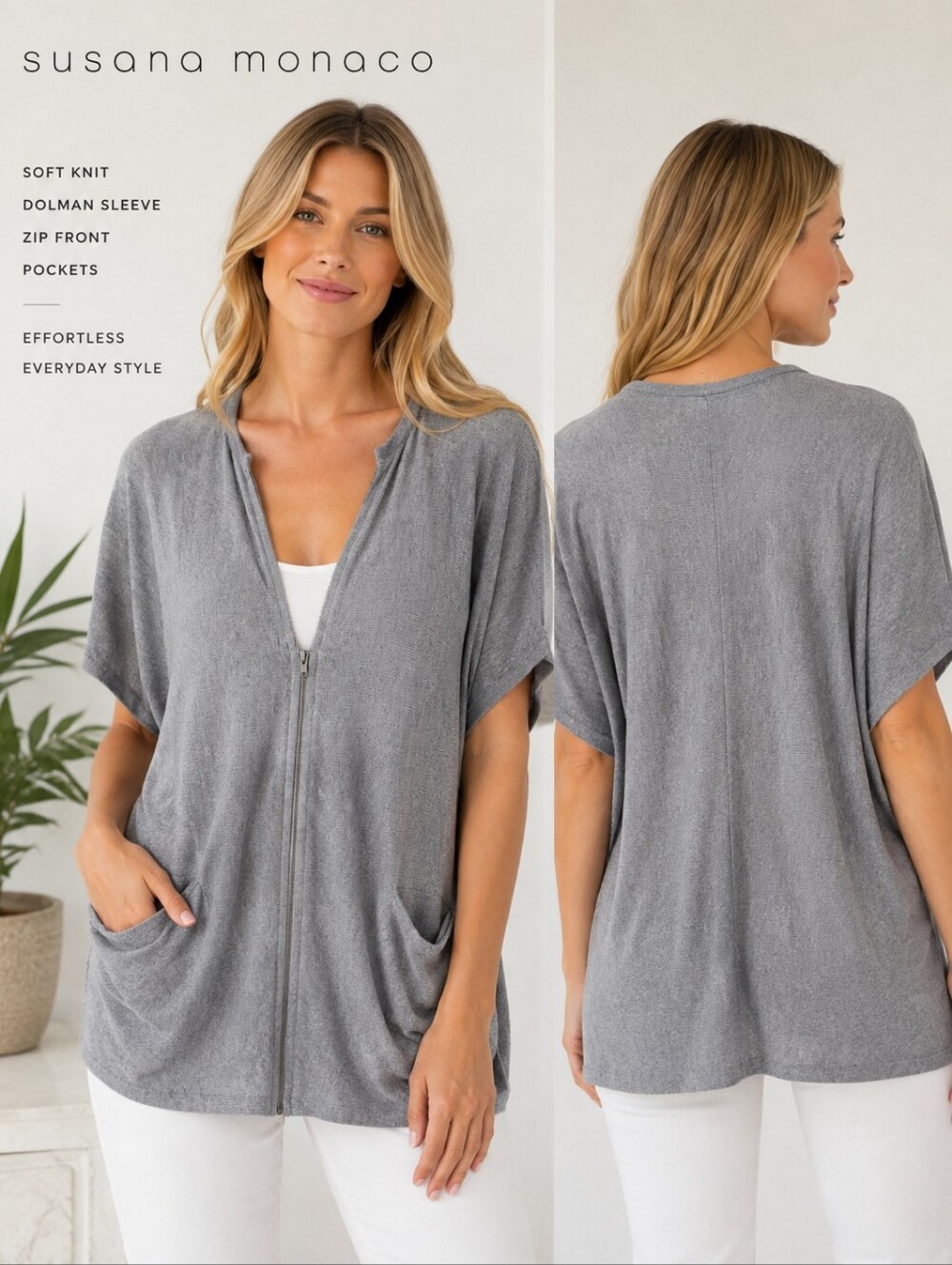 Susana Monaco Gray‎ Knit Zip Front Cardigan Dolman Sleeve Pockets One Size